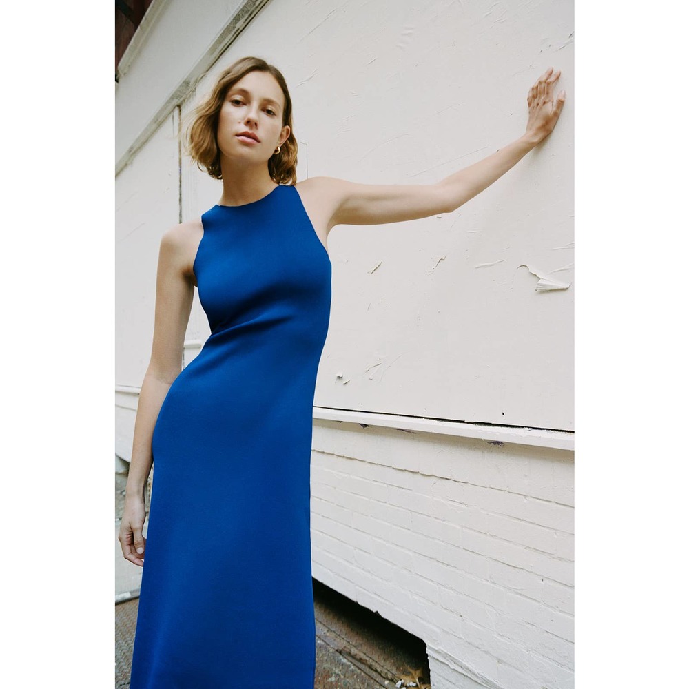 ZARA Halter Knit Midi Dress Royal Blue Size S Sleeveless High Neck A Line